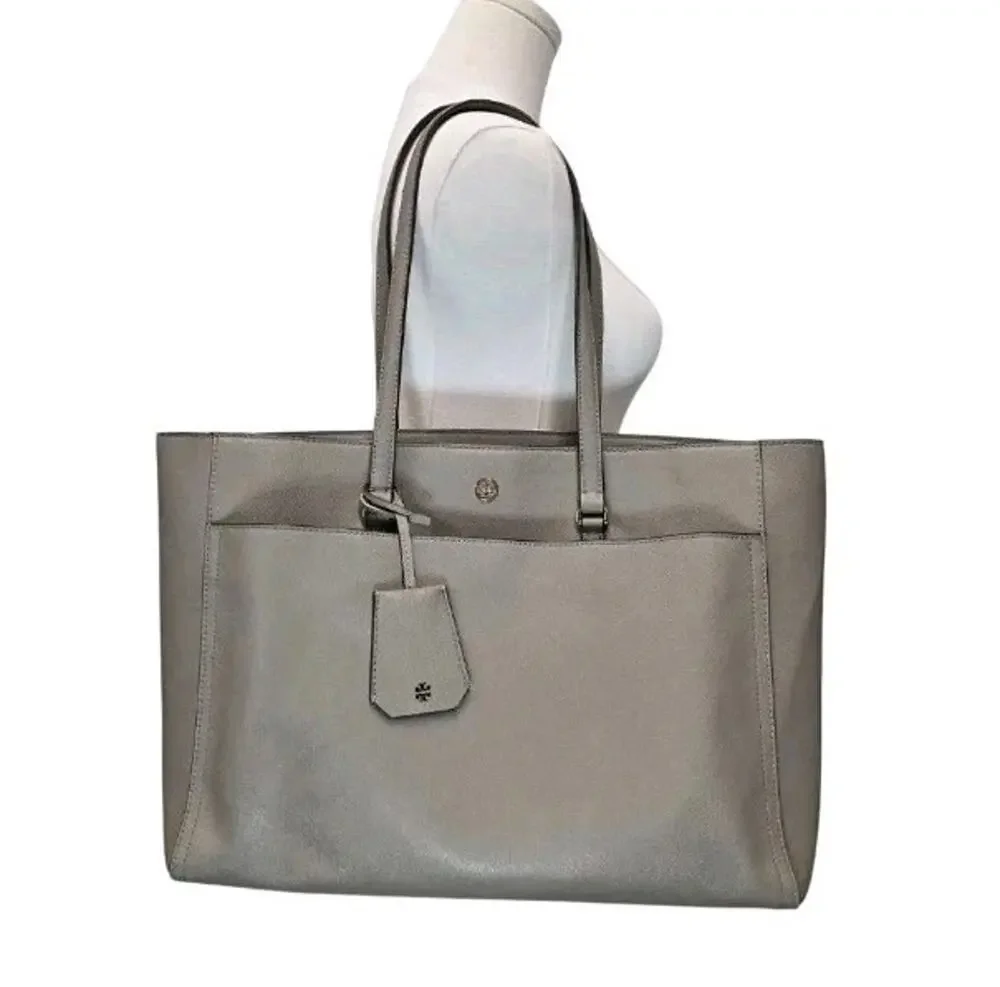 Tory Burch Parker Saffiano Leather Tote Shoulder Bag Greige 10008011 Dust Storm